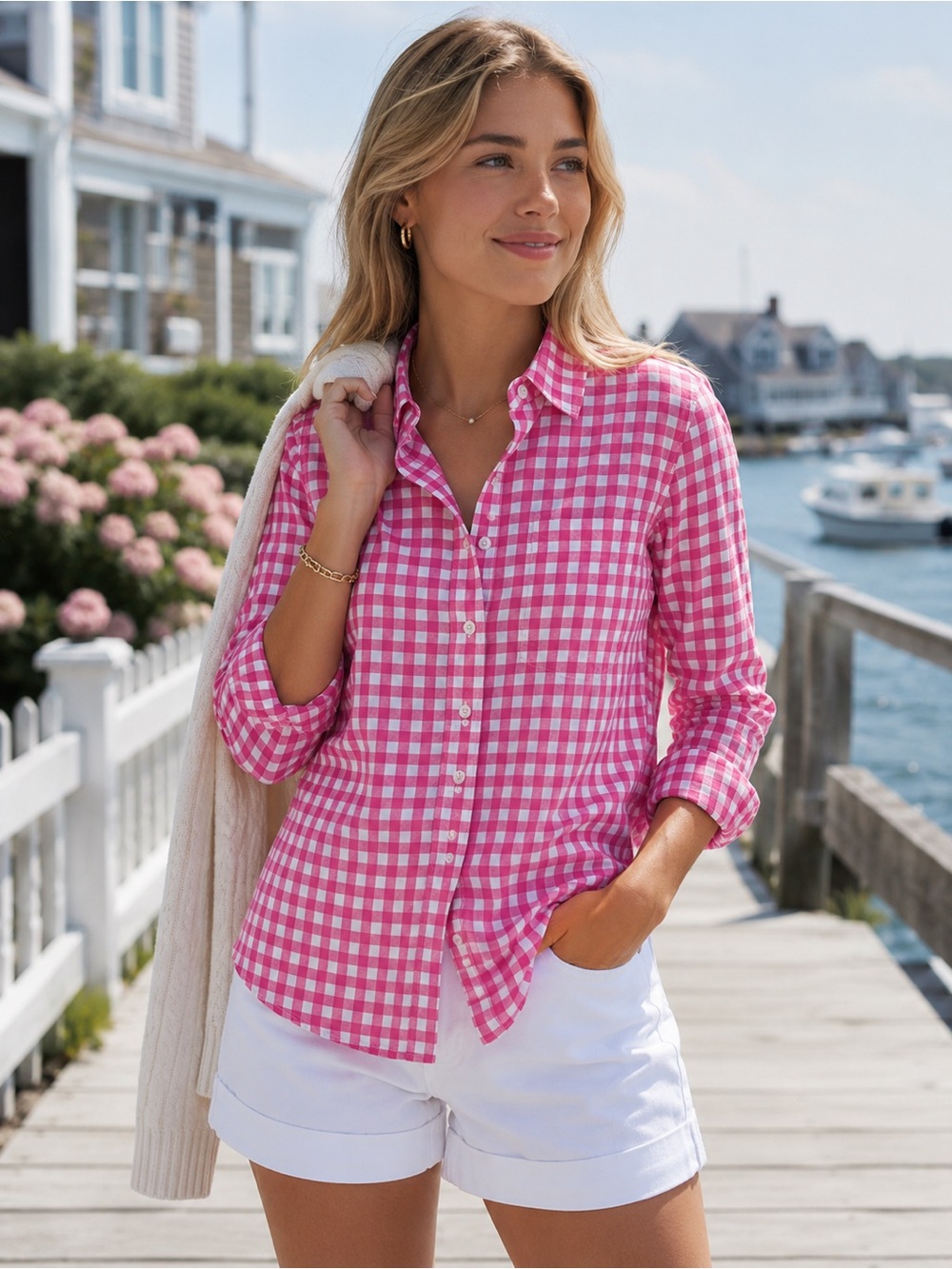 J.Crew Pink White Gingham Button Front Cotton Shirt Small Preppy Coastal Summer